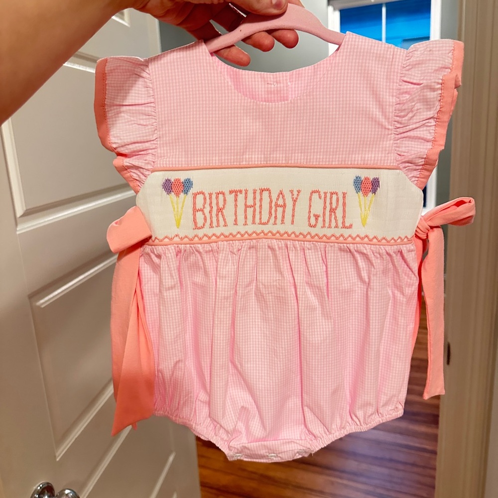 Pink plaid smocked Birthday Girl bubble romper